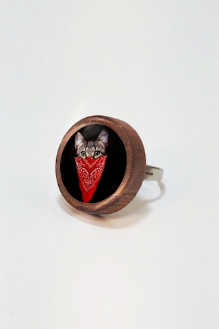 Maskeli Kedi Ahşap Yüzük Kahverengi