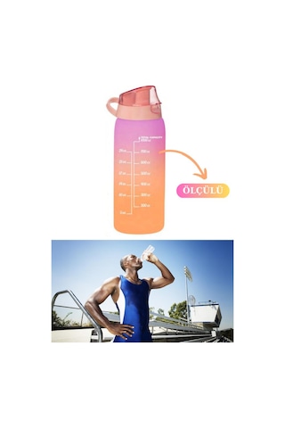 Flosoft 1 Litre Çift Renk Suluk, Okul Ve Sporcu Matarası, Motivasyonel Su Şişesi 1000Ml Turuncu