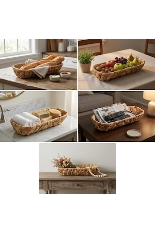 Lexroo Hasır Oval Ekmek Sepeti Ve Çok Amaçlı Düzenleyici, 28x6 Cm Doğal Örme Sunum Tabağı Çok Renkli