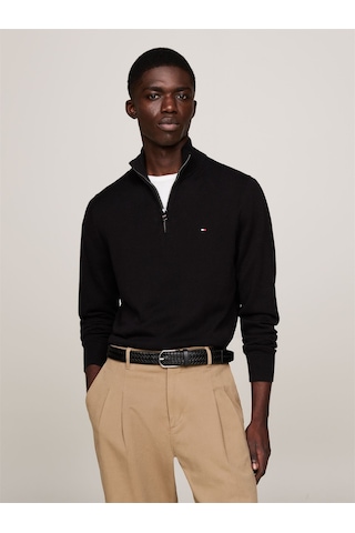 Tommy Hilfiger Pıma Org Ctn Cashmere Zıp Mock Erkek Siyah Kazak - Mw0mw28049 Siyah