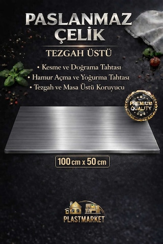 Paslanmaz Çelik Tezgah Üstü Kesme Tahtası - Hamur Açma Tahtası, Tezgah Üstü Koruyucu, 100x50 Cm Gümüş