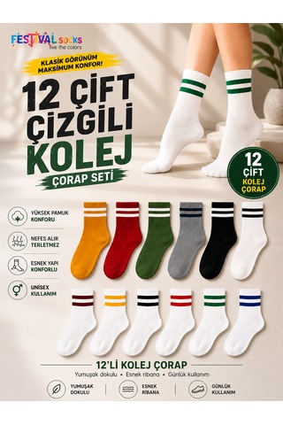 Festival Socks 12 Çift Çizgili Kolej Çorap Unisex Pamuklu Günlük Spor Çorap Renkli Kolej Çorap Seti Beyaz - Çok Renkli