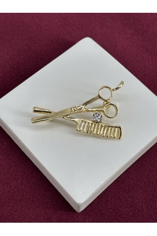 Makas Ve Tarak Figürlü Taşlı Gold Broş Gold Makas Ve Tarak Figürlü Taşlı Gold Broş Gold