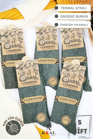 Kral Socks Erkek Kışlık Termal Etkili 5'li Paket Lambswool Kuzu Yün Çorap Haki