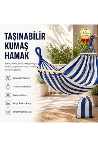Mavi Çizgili Taşınabilir Katlanabilir Kumaş Hamak Bahçe, Balkon, Kamp Ve Seyahat İçin Dinlenme Hamak + Taşıma Çantası-1434 Mavi - Beyaz