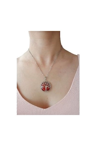 Mercan Doğal Taşlı Hayat Ağacı Çelik Kolye - Kadın Kırmızı