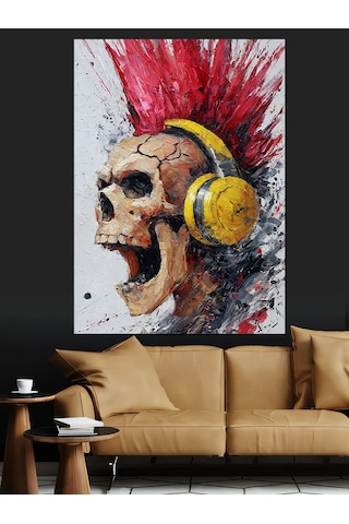 Kulaklıklı Punk Kuru Kafa Dekoratif Kanvas - Mdf Ahşap Tablo