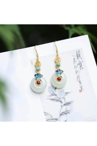 Doğal Hetian Yeşim Barış Toka Xianggyun Beyaz Yeşim Retro Sanatsal Küpe 925 Gümüş Yeşim Küpe Saplama Küpe Altın - Beyaz