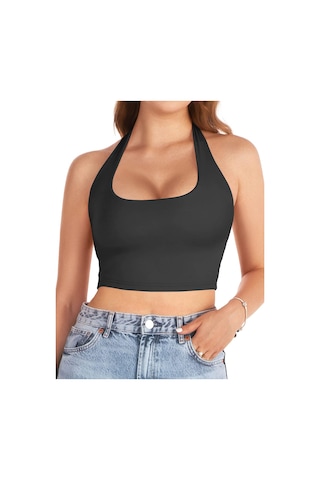 Liona Kadın Kare Yaka Siyah Renk Crop Top Bluz 001