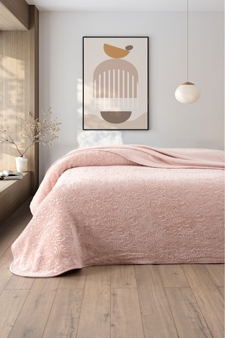 Jakarlı Kadife Dokulu Çift Kişilik Kalın Battaniye Yumuşak, Sıcak Ve Şık Yatak Örtüsü Pudra Pudra