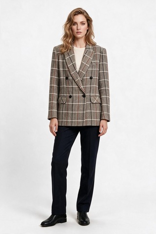 Marsel&leon Marsel Leon Kadın Kruvaze Çizgili Balıksırtı Blazer Ceket Kahve