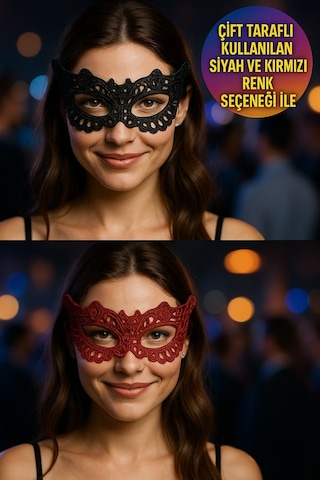 Çift Taraflı Dantelli Maske Siyah Ve Koyu Kırmızı Renk Seçenekli Şık Parti Ve Kostüm Aksesuarı Model - 5