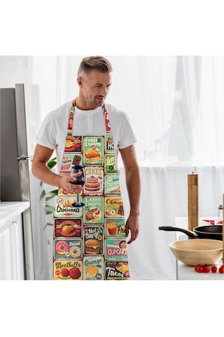 Junk Food Tasarımlı Mutfak Önlüğü Keten Kumaş, Uluslararası Yıkama Ve Solmama Sertifikası Çok Renkli