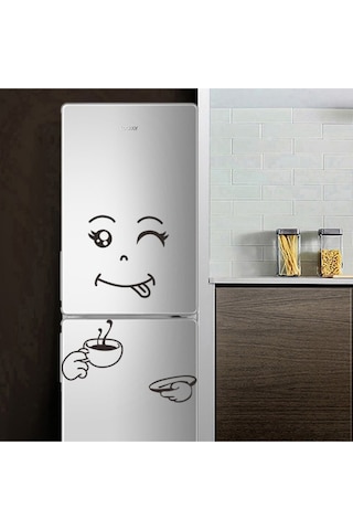 Kahve İçen Sevimli Dekoratif Buzdolabı Sticker Kapı, Duvar, Cam Etiket Siyah