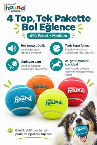 Outward Hound Squeaker Ballz Düdüklü Tenis Topu Köpek Oyuncağı 4'lü Medium