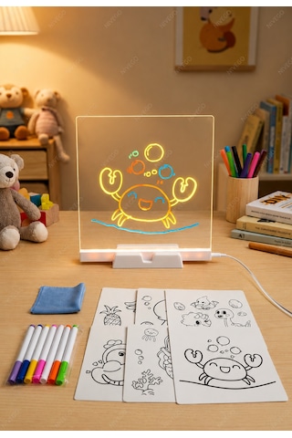 Nvg 12 İnç Led Işıklı Çizim Tahtası 20x30 Cm Usb Beslemeli Yazı Panosu Ayarlanabilir Stant 7 Renk Kalem Hediyeli Eğitici Oyuncak Şeffaf