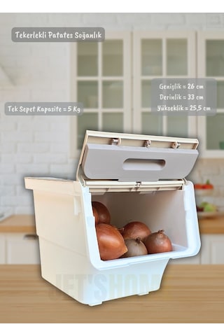 6'lı Krem Beyaz Tekerlekli Sebzelik Patates Soğan Sepeti Organizer Kutu Soğanlık Patateslik 72 L Krem-beyaz