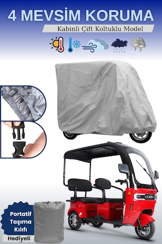 Gri Kabinli 3 Kişilikli Moped Brandası, 3 Teker Kabin Brandası