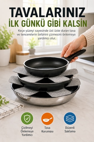 3'lü Gri Tava Çizdirmez Keçe Koruyucu 33 Cm Tava Tencere Ayırıcı Çizik Önleyici Organizer Set