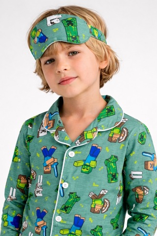 Beka Kids Desenli Uzun Kollu Önden Düğmeli Gömlek Yaka Erkek Çocuk Pijama Takımı Ve Göz Bandı Yeşil