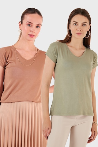 Lela V Yaka Relaxed Fit Yırtmaç Detaylı 2'Li Paket Bayan Bluz 5862000S2 Olive-Bisküvi