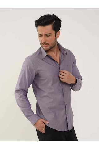 Dufy Mor Erkek Slim Fit Düz Brent Düğmeli Yaka Uzun Kol Gömlek - 102459-mor Mor