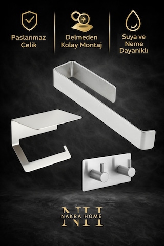 3'lü Set Paslanmaz Çelik Yapışkanlı Havlu Askısı , Tuvalet Kağıtlığı Ve 2'li Askılık Havluluk Krom