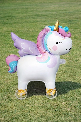 Unicorn Temalı Folyo Yürüyen Balon Tekerlekli Sevimli Unicorn Balon 54x48,5 Cm Renkli
