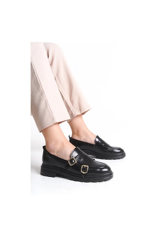 Sermoda Loafer Kadın Ayakkabı - Makosen Tokalı Casual Günlük Kadın Ayakkabı Siyah Rugan