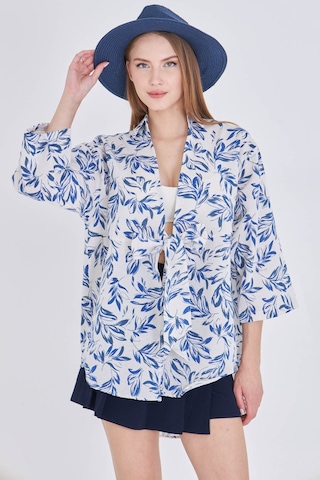 Armonika Kadın Saks-ekru Desenli Keten Görünümlü Önden Bağlamalı Kimono Gömlek Arm-24y001079