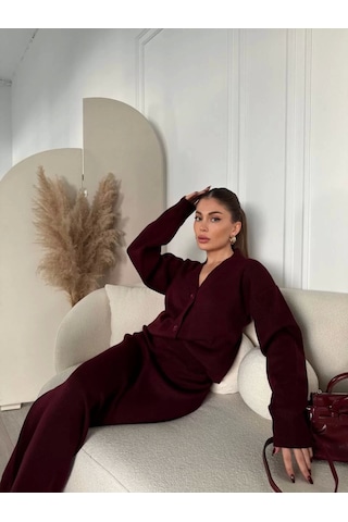 V Yaka 3 Düğmeli Hırka Takım Triko İkili Etekli - Bordo Bordo