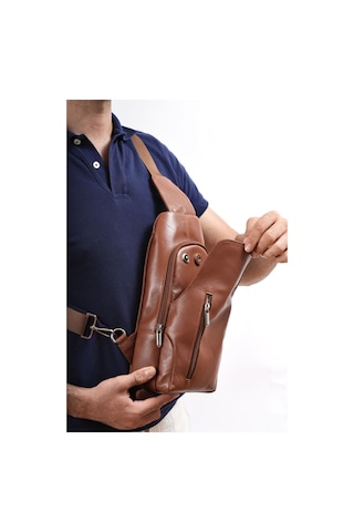 Unisex Taba Hakiki Deri Çapraz Badybag Omuz Ve Göğüs Çantası Usb Çıkışlı Taba