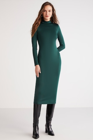 Ethıquet Katja Kadın Vücudu Tamamen Saran Slim Fit Dar Kesim Dik Yaka Midi Boy Yeşil Elbise