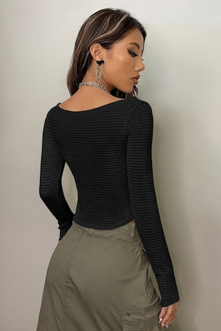 Merry See Kayık Yaka Örme Uzun Kollu Crop Top Bluz Siyah