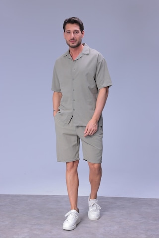 Erkek Rahat Kalıp Cepli Keten Gömlek Ve Beli Lastikli Şort Yazlık Oversize Takım Çağla Yeşili