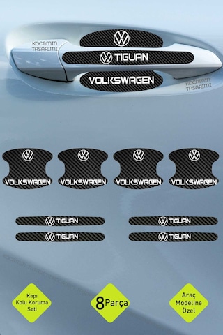 Dekoratif Volkswagen Tiguan Karbon Kapı Kolu Koruma Seti Şık Beyaz Yazılı 8 Parça Koruyucu Folyo