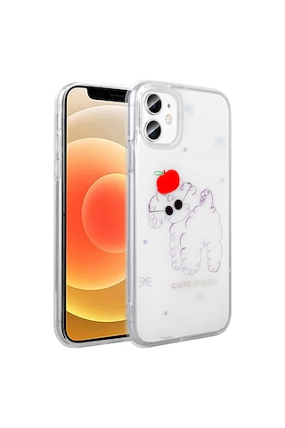 Techaks Apple Uyumlu iPhone 11 Kılıf Şeffaf Figürlü Zore Folk Sert Kapak - Sevimli Köpek Beyaz