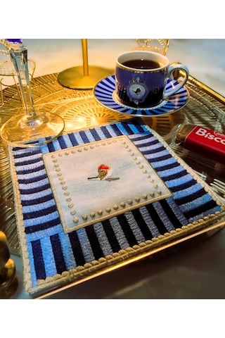 2 Adet Mavi Pip Studio Uyumlu Nakışlı Love Bird Detaylı Kokteyl Sunum Peçetesi Çok Renkli