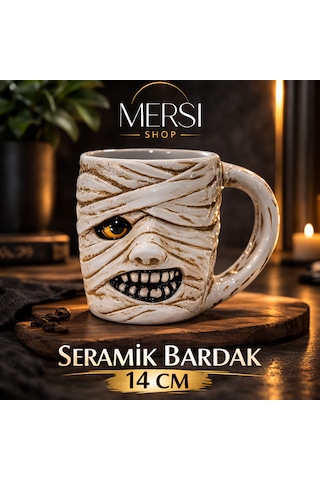 Antik Mısır Mumya Figürlü 3d Kabartmalı Seramik Kupa Bardak Dekoratif Kahve Çay Kupası Beyaz