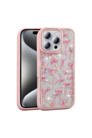 Apple Uyumlu iPhone 16 Pro Max Kılıf Taşlı Ve Simli Tasarım Mkst Azra Kapak - Pembe Pembe