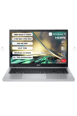 Acer Aspire A315-24P Ryzen 5 7520U 8 GB 256 GB M2 SSD 15.6" FHD W11H Dizüstü Bilgisayar (Yenilenmiş)