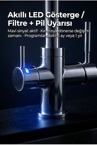 Likuan Mutfak Bataryası 3 Yollu Tri-flow Led Göstergeli Krom Kuğu Boynu Nsf Sertifikalı