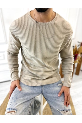 Uzun Kollu Tişört Fitilli Bisiklet Yaka Yumuşak Dokulu Tüylenmez Pamuklu Kazak Sweatshirt Krem