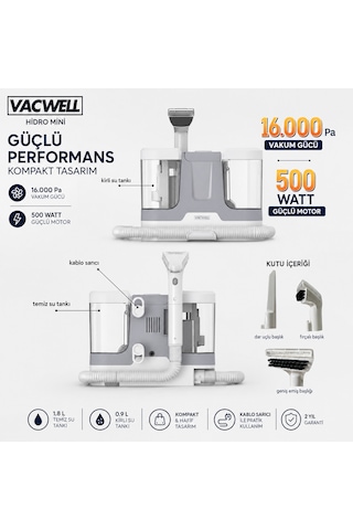 Vacwell Hidro Mini Koltuk Ve Halı Yıkama Makinesi 500 Watt 16 Kpa 3 Başlıklı