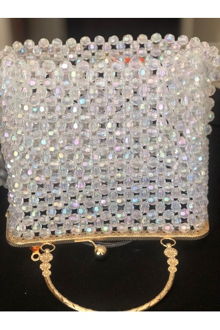 Clutch,, Boncuk Abiye Çanta Beyaz