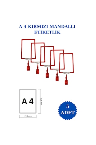 5 Adet Kırmızı A4 Mandallı Raf Sepet Etiketi Çerçeveli Etiketlik Kırmızı