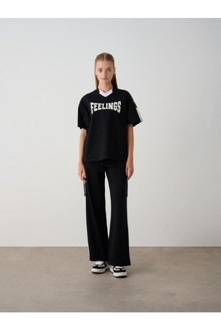 Zekids Kız Çocuk Feelings Baskılı Tshirt Pantolon Tasarım Takım-15516 Siyah