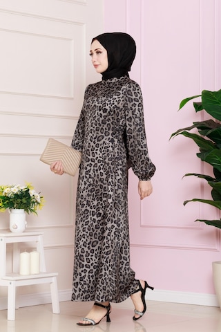 Yanı Bağcıklı Leopar Desenli Tesettür Abiye-vizon-4681