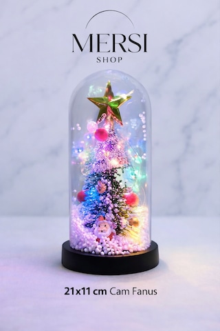 Yılbaşı Temalı Işıklı Dekoratif Cam Fanus Led Masa Süsü 22x11 Cm 01