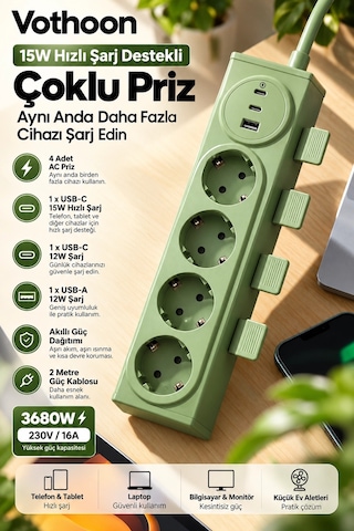La Boom Vothoon 4 Lü Akıllı Priz Tek Dokunuşla Fiş Çıkarma 2 Metre Kablo 2 Type-c + Usb 15w Hızlı Şarj 3680w